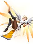  1girl absurdres blonde_hair bodysuit breasts brown_legwear emblem faulds glowing glowing_wings gradient gradient_background greaves hair_tie high_ponytail highres jai_(whany1998) leaning_back leg_up looking_at_viewer mechanical_halo mechanical_wings medium_breasts mercy_(overwatch) nose one_leg_raised open_mouth overwatch pelvic_curtain pink_lips smile solo spread_wings swiss_flag white_background wings yellow_wings 