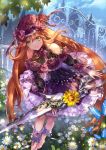  1girl barefoot blue_sky bow brown_eyes butterfly daisy day flower frills gate hat hat_bow highres holding holding_weapon leaning_forward legband long_hair original outdoors pink_flower scissor_blade shente_(sharkpunk) sky solo very_long_hair weapon yellow_flower 