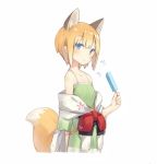  1girl animal_ears bare_shoulders blonde_hair blue_eyes cowboy_shot eating extra_ears flat_chest food fox_ears fox_tail japanese_clothes looking_at_viewer original poco_(asahi_age) popsicle shiratama_kitsune short_hair simple_background solo spaghetti_strap tail tank_top 