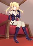  1girl bare_shoulders blonde_hair blue_eyes blush bondage_outfit boots breasts choker cleavage elbow_gloves fishnet_legwear fishnets gloves long_hair medium_breasts navel original sitting smile solo thigh-highs twintails 