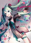  1girl ahoge aqua_eyes aqua_hair breasts eyelashes hair_ornament hairclip hatsune_miku highres ixima long_hair looking_at_viewer magical_mirai_(vocaloid) open_mouth petals smile solo standing twintails very_long_hair vocaloid 