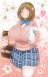  1girl blush breasts brown_hair cake closed_eyes eyebrows_visible_through_hair fat flower food girl hair_flower hair_ornament highres huge_breasts idolmaster idolmaster_cinderella_girls mimura_kanako plump shirt short_hair smile solo teapot thick_thighs thighs white_shirt wide_hips 