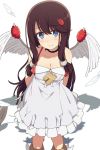  1girl blue_eyes brown_hair feathers hair_ornament long_hair looking_at_viewer ogipote shadow simple_background smile solo white_background wings 