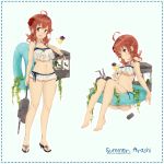  1girl :d ahoge arashi_(kantai_collection) ass character_name highres innertube kantai_collection machinery malachite messy_hair open_mouth redhead sandals short_hair smile solo swimsuit violet_eyes 