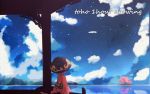  1girl amakoke back blue_sky bowl cherry_blossoms clouds commentary_request engrish japanese_clothes kimono landscape lavender_hair long_sleeves mountain obi ranguage ribbon sash short_hair sitting sky solo sukuna_shinmyoumaru text touhou tree water wide_sleeves 