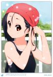  1girl 2011 absurdres adjusting_hair alternate_hairstyle black_hair brown_eyes dated day errant highres k-on! long_hair nakano_azusa solo swim_cap swimsuit twintails upper_body 
