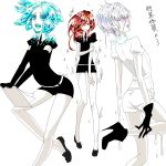  androgynous antarcticite aqua_eyes black_gloves black_shoes elbow_gloves full_body gloves green_hair grey_eyes high_heels highres houseki_no_kuni long_hair necktie phosphophyllite red_eyes redhead shinsha_(houseki_no_kuni) shirt shoes short_hair short_sleeves shorts silver_hair sparkle white_shirt 