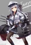  1girl black_gloves black_legwear black_skirt character_name gangut_(kantai_collection) gloves grey_background hat highres jacket kantai_collection long_hair long_sleeves machinery omoomomo pantyhose peaked_cap pipe pleated_skirt red_eyes silver_hair skirt smile solo white_jacket 