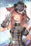  1girl 2017 ;d animal_ears armlet artist_name bangs bare_arms bare_shoulders black_bow blurry blurry_background bow breasts brown_hair cat_ears cat_tail dated earrings eyebrows_visible_through_hair fang final_fantasy final_fantasy_xiv flower frilled_gloves frills gloves grey_gloves grey_rose hand_on_own_chest hat hat_flower highres idol jewelry long_hair medium_breasts mini_hat mini_top_hat miqo&#039;te momoko_(momopoco) one_eye_closed open_mouth revision signature slit_pupils smile solo spread_fingers tail top_hat violet_eyes 