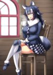  1girl :d animal_ears bangs black_hair black_jacket blue_eyes blurry breasts chair cup depth_of_field from_side fur_collar fur_trim galerie grey_wolf_(kemono_friends) heterochromia highres jacket kemono_friends kneehighs large_breasts legs_crossed loafers long_hair long_sleeves mug multicolored_hair necktie open_mouth plaid plaid_necktie plaid_skirt shoes sitting skirt smile solo tail two-tone_hair white_hair wolf_ears wolf_tail yellow_eyes 