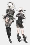  black_dress black_hairband blindfold cleavage_cutout covered_eyes dress feather-trimmed_sleeves gloves hairband highleg highleg_leotard highres juliet_sleeves leotard long_sleeves mole mole_under_mouth nier_(series) nier_automata puffy_sleeves ribbed_dress short_hair shorts smile thigh-highs white_hair white_leotard yorha_no._2_type_b yorha_no._9_type_s 