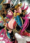  1girl antique_firearm blue_eyes breasts cleavage fate/extra fate/grand_order fate_(series) firearm firelock flintlock grin gun hat large_breasts long_hair looking_at_viewer pink_hair pirate_hat rider_(fate/extra) scar smile solo weapon yukiyanagi 