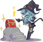 1girl artist_request black_boots black_gloves black_hat boots cat_tail elbow_gloves fiore_brunelli full_body gloves green_eyes green_hair hat knee_boots long_hair official_art pointing profile ringlets smile solo standing star_ocean star_ocean_integrity_and_faithlessness tail treasure_chest witch_hat 