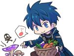  1boy artist_request basket blue_coat blue_eyes blue_gloves blue_hair carrot fidel_camuze fingerless_gloves gloves male_focus messy_hair mushroom musical_note no_nose official_art quaver skull_and_crossbones smile solo spoken_musical_note star_ocean star_ocean_integrity_and_faithlessness 