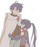  1boy 1girl akatsuki_(log_horizon) blue_eyes blue_hair cape closed_eyes glasses grabbing log_horizon long_hair long_ponytail messy_hair nitsu_makura pauldrons petting ponytail shiroe short_hair smile sweater tight_top 