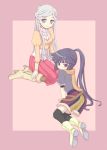  2girls akatsuki_(log_horizon) blouse blue_eyes blue_hair boots high_heels log_horizon long_hair long_sleeves lying multiple_girls nitsu_makura ponytail reinesia_el_arte_cowen shirt short_sleeves shorts sitting skirt t-shirt white_hair 