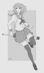  1girl artist_name blouse buttons closed_mouth dated expressionless geo_siador greyscale highres holding holding_weapon loafers long_sleeves looking_past_viewer monochrome neckerchief original pleated_skirt sailor_collar shoes short_hair signature skirt solo standing standing_on_one_leg thigh-highs weapon 