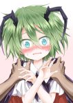  1girl antennae blue_eyes blush cape commentary_request constricted_pupils embarrassed green_hair hands_on_another&#039;s_shoulders short_hair simple_background solo_focus sweat touhou ugatsu_matsuki wriggle_nightbug 