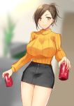 1girl bangs breasts brown_eyes brown_hair commentary_request dress fuchina hyoudou_rena idolmaster idolmaster_cinderella_girls jewelry large_breasts looking_at_viewer ribbed_sweater short_hair sidelocks smile solo sweater sweater_dress turtleneck turtleneck_sweater 