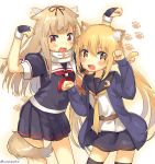  2girls :3 :d absurdres animal_ears black_serafuku blonde_hair commentary_request crescent fang fingerless_gloves gloves hair_flaps hair_ornament hair_ribbon highres kantai_collection kemonomimi_mode long_hair long_sleeves low_twintails multiple_girls neckerchief open_mouth paw_print pleated_skirt remodel_(kantai_collection) ribbon satsuki_(kantai_collection) scarf school_uniform serafuku skirt smile tail thigh-highs twintails twitter_username white_scarf yellow_eyes yuudachi_(kantai_collection) zettai_ryouiki zuho_(vega) 
