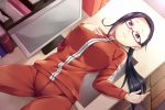  1girl black_hair breast_suppress breasts cowboy_shot demi-chan_wa_kataritai dutch_angle erect_nipples glasses large_breasts looking_at_viewer ponytail red-framed_eyewear rixch satou_sakie semi-rimless_glasses solo track_suit violet_eyes 