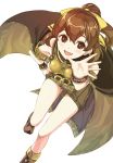  1girl bare_shoulders blush boots bow bracelet breastplate brown_eyes brown_hair cape dyute_(fire_emblem) fang fire_emblem fire_emblem_echoes:_mou_hitori_no_eiyuuou highres jewelry kazakami_73 long_hair open_mouth ponytail simple_background solo white_background 