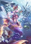  air_bubble aqua_hair blue_eyes bracelet breasts coral coral_hairpin fish head_fins highres holding holding_staff jewelry long_hair looking_at_viewer medium_breasts mermaid midriff monster_girl navel ocean original parted_lips school_of_fish seashell see-through shark shell shente_(sharkpunk) smile staff starfish_hair_ornament under_boob underwater 
