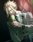  1boy bangs black_background black_pants blonde_hair blue_eyes boku_no_hero_academia collared_shirt cowboy_shot cup dutch_angle english_commentary gold grey_jacket highres holding holding_cup jacket long_sleeves looking_at_viewer male_focus necktie pants parted_lips school_uniform shirt short_hair sidelocks sitting smile solo teeth trevo_(trevoshere) twitter_username u.a._school_uniform white_shirt yagi_toshinori younger 