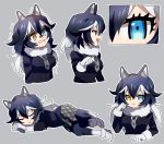  1girl animal_ears black_hair blue_eyes breast_pocket breasts fur_collar gloves grey_background grey_wolf_(kemono_friends) heterochromia kemono_friends large_breasts long_hair long_sleeves looking_at_viewer multicolored_hair necktie open_mouth pencil pocket simple_background skirt sleeping solo tail trembling two-tone_hair wolf_ears wolf_tail yellow_eyes 
