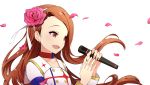  1girl brown_eyes brown_hair choker collarbone commentary_request earrings flat_chest floating_hair flower hair_flower hair_ornament hairband highres holding holding_microphone idolmaster jewelry long_hair long_sleeves looking_to_the_side microphone minase_iori music open_mouth petals ram_(ramlabo) rose shirt simple_background singing smile solo upper_body white_background white_hairband white_shirt 