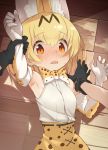  2girls :o animal_ears animal_print arm_up armpits bare_shoulders belt black_belt black_gloves blonde_hair blush bow bowtie commentary_request cross-laced_clothes elbow_gloves extra_ears eyebrows_visible_through_hair floor gloves hair_between_eyes high-waist_skirt highres indoors kaban_(kemono_friends) kemono_friends looking_at_viewer lucky_beast_(kemono_friends) lying multiple_girls open_mouth orange_eyes pov print_bow print_bowtie print_gloves print_skirt serval_(kemono_friends) serval_ears shadow shirt short_hair skirt sleeveless sleeveless_shirt spoilers sweat tareme white_shirt wooden_floor wrist_grab yamadori_enka yuri 