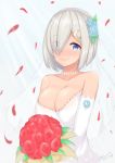  1girl alternate_costume bare_shoulders blue_eyes blush bouquet breasts cleavage closed_mouth collarbone dated dress elbow_gloves falling_petals flower gloves hair_flower hair_ornament hair_over_one_eye hairclip hamakaze_(kantai_collection) highres jewelry kantai_collection kuavera large_breasts looking_at_viewer necklace short_hair silver_hair smile solo twitter_username wedding_dress white_dress white_gloves 
