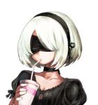  1girl black_blindfold black_choker black_dress black_hairband breasts choker close-up collarbone cup dress drinking drinking_straw facing_viewer hairband holding holding_cup jun_(seojh1029) nier_(series) nier_automata puffy_short_sleeves puffy_sleeves short_hair short_sleeves silver_hair simple_background small_breasts upper_body white_background yorha_no._2_type_b 