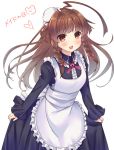  1girl bangs blush braid brown_eyes brown_hair dress fang jpeg_artifacts kantai_collection kuma_(kantai_collection) long_hair looking_at_viewer open_mouth solo yukina_(black0312) 