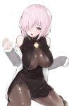  1girl bare_shoulders black_legwear blush breasts collar cosplay fate/extra fate/extra_ccc fate/grand_order fate_(series) hair_over_one_eye highres jacket large_breasts mitsudoue o-ring open_clothes open_jacket open_mouth pantyhose passion_lip passion_lip_(cosplay) purple_hair shielder_(fate/grand_order) short_hair simple_background solo violet_eyes white_background 