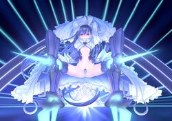  1girl armor armored_boots arms_up beauty_love blue_eyes blue_ribbon boots crotch_plate fate/extra fate/extra_ccc fate/grand_order fate_(series) hair_ribbon highres long_hair long_sleeves meltlilith midriff navel purple_hair revealing_clothes ribbon sleeves_past_wrists solo spikes very_long_hair 