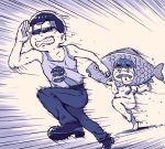  1boy 1girl ajirice bangs bloodshot_eyes blunt_bangs bodysuit denim dobusu_(osomatsu-san) fish_hood fleeing jeans letter love_letter matsuno_karamatsu monochrome mouth_hold osomatsu-kun osomatsu-san pants running short_hair sunglasses sweat tank_top wet 