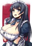  1girl agano_(kantai_collection) alternate_costume apron black_hair blue_eyes breasts cleavage collarbone dated dress enmaided erect_nipples frills gloves kantai_collection large_breasts long_hair maid maid_apron maid_headdress necktie open_mouth puffy_sleeves shinshin smile solo twitter_username upper_body 