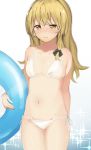  1girl alternate_costume bikini blonde_hair blush braid breasts embarrassed innertube kirisame_marisa long_hair navel no_hat no_headwear parted_lips shy side_braid single_braid small_breasts solo sparkle swimsuit touhou yellow_eyes zuttokodomo 