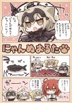  4girls :t ahoge angeltype animal_ears cat_ears cat_tail chibi comic commentary_request cover cover_page doujin_cover fang fate/grand_order fate_(series) fish fujimaru_ritsuka_(female) highres jeanne_alter jeanne_alter_(santa_lily)_(fate) jitome multiple_girls plate pout ruler_(fate/apocrypha) solid_circle_eyes tail translation_request 