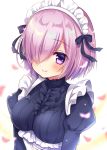  1girl apron blurry blush closed_mouth depth_of_field fate/grand_order fate_(series) frilled_apron frills hair_over_one_eye juliet_sleeves long_sleeves maid maid_day maid_headdress mitsuba_choco petals puffy_sleeves purple_hair shielder_(fate/grand_order) short_hair smile solo upper_body violet_eyes 