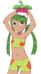  &gt;o&lt; armpits arms_up bangs bare_shoulders bikini blush bounsweet breasts bubukka closed_eyes closed_mouth dark_skin floral_print green_bikini green_eyes green_hair hair_ornament happy holding mallow_(pokemon) midriff navel on_head open_mouth pokemon pokemon_(anime) pokemon_(creature) pokemon_sm_(anime) simple_background small_breasts smile staryu stomach strapless swept_bangs swimsuit thighs trial_captain tubetop twintails white_background 