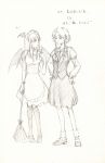  2girls :d alternate_costume apron bat_wings braid broom cosplay costume_switch dress enmaided full_body graphite_(medium) greyscale hair_ribbon hands_on_hips head_wings highres izayoi_sakuya izayoi_sakuya_(cosplay) juliet_sleeves koakuma koakuma_(cosplay) long_hair long_sleeves looking_at_another maid maid_headdress monochrome multiple_girls necktie open_mouth puffy_sleeves redhead ribbon semei_(skylarkmei) shoes short_hair sidelocks silver_hair simple_background skirt skirt_set smile spot_color thigh-highs touhou traditional_media translation_request tress_ribbon twin_braids vest waist_apron white_background wings 