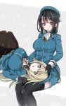  2girls atago_(kantai_collection) black_hair blonde_hair breasts commentary_request gloves hat highres kantai_collection lap_pillow large_breasts long_hair military military_uniform mitsudoue multiple_girls pantyhose red_eyes short_hair takao_(kantai_collection) thigh-highs uniform 