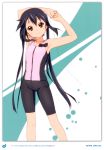  1girl 2011 absurdres armpits arms_up bare_shoulders bike_shorts black_hair brown_eyes casual dated errant highres k-on! long_hair nakano_azusa official_style signature smile solo stretch twintails 