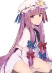  1girl asa_(coco) bangs blue_bow blue_ribbon blunt_bangs blush bow capelet crescent dress eyebrows_visible_through_hair frilled_sleeves frills from_side hair_bow hat hat_ribbon long_hair long_sleeves looking_at_viewer looking_to_the_side mob_cap patchouli_knowledge purple_hair red_bow red_ribbon ribbon sidelocks simple_background sitting smile solo touhou very_long_hair violet_eyes white_dress 