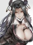  1girl between_breasts black_hair breasts closed_mouth eyelashes facing_viewer forehead_jewel fur_trim grey_background highres horn_ring horns jewelry kumiko_shiba large_breasts long_hair looking_at_viewer pointy_ears red_eyes simple_background sketch smile solo thunderbolt_fantasy upper_body xing_hai 