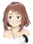  1girl bare_shoulders blush blush_stickers boku_no_hero_academia breasts brown_eyes brown_hair collarbone desuzee dress face highres short_hair simple_background sleeveless sleeveless_dress smile solo teeth upper_body uraraka_ochako white_background 