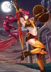  1girl adsoutoart bare_shoulders highres holding holding_weapon long_hair looking_at_viewer moon outdoors polearm pyrrha_nikos redhead rwby shield spear weapon 