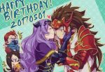  2boys 2girls armor blush brown_hair camilla_(fire_emblem_if) cheek_kiss circlet crossed_arms dated fire_emblem fire_emblem_if gloves hair_over_one_eye happy_birthday heart hetero hiyori_(rindou66) kagerou_(fire_emblem_if) kiss long_hair looking_down mask multiple_boys multiple_girls one_eye_closed open_mouth patterned_background purple_hair red_eyes red_gloves redhead ryouma_(fire_emblem_if) saizou_(fire_emblem_if) scar scarf surprised teal_background torn_clothes violet_eyes wavy_hair 